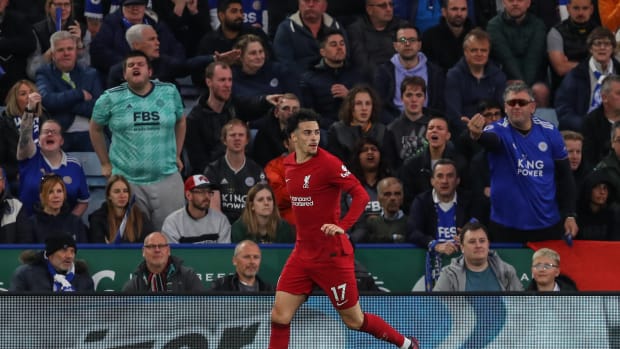 Liverpool midfielder Curtis Jones pictured celebrating after scoring against Leicester City in May 2023